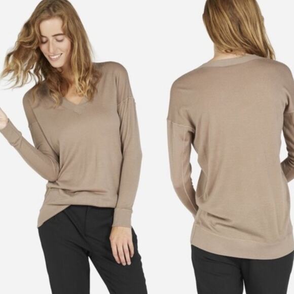 Everlane V Neck Tan 100% Wool Sweater Top Neutral Elevated Basic Small - Picture 1 of 8